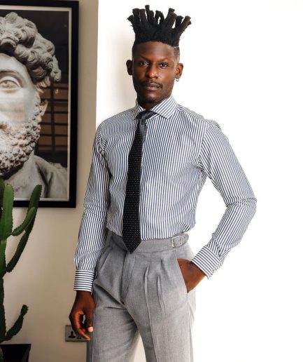A White and blue stripe, cut-away collar business shirt.