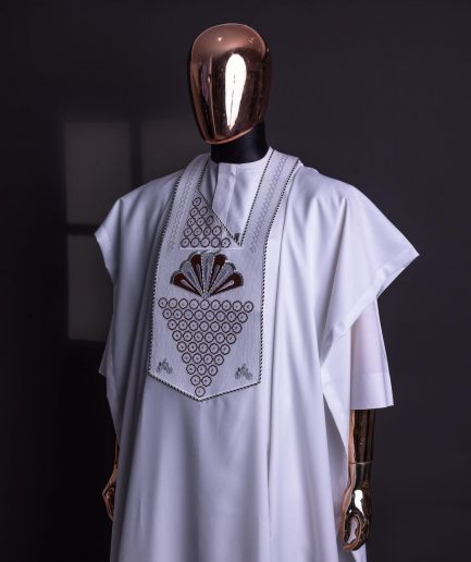 A White, scattered pointed zeros with keke Elemu embroidery details agbada