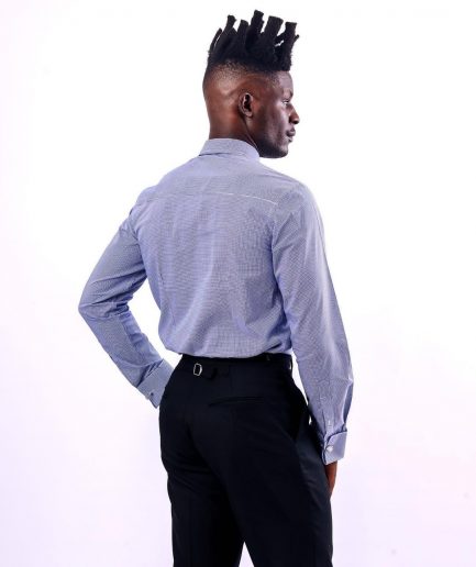 A Linen, Navy blue and white check business shirt.
