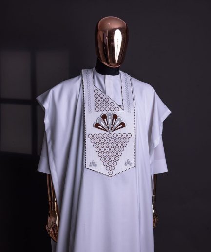 A White, scattered pointed zeros with keke Elemu embroidery details agbada