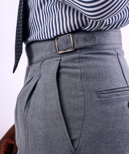 A Light grey, double pleat with side metal adjuster Gurkha pant