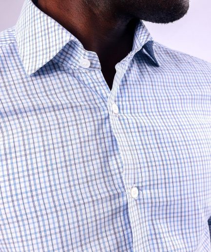 A Tattersall white, grey and light blue check, English spread collar business shirt