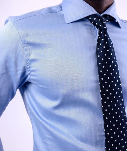 A Skye blue, herringbone fabric, cut away collar business shirt.