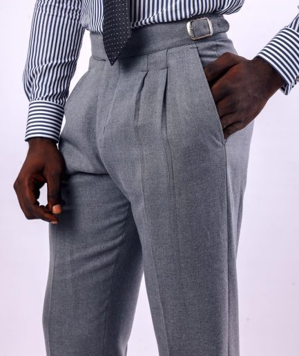 A Light grey, double pleat with side metal adjuster Gurkha pant