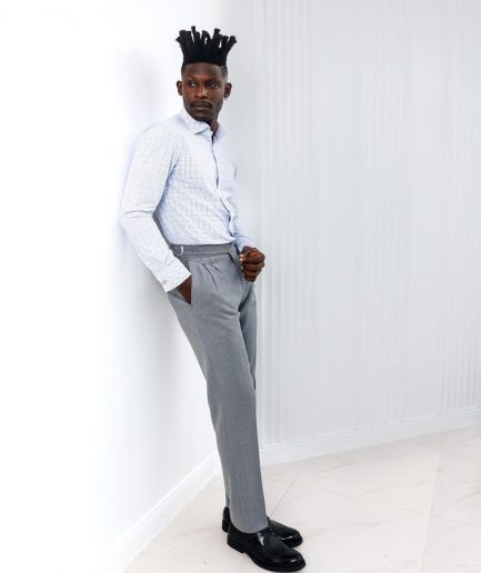 A Tattersall white, grey and light blue check, English spread collar business shirt