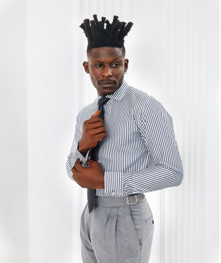 A White and blue stripe, cut-away collar business shirt.