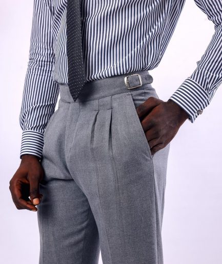 A Light grey, double pleat with side metal adjuster Gurkha pant