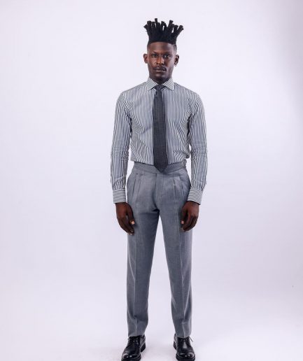 A White and blue stripe, cut-away collar business shirt.