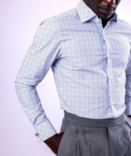 A Tattersall white, grey and light blue check, English spread collar business shirt
