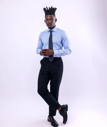 A Skye blue, herringbone fabric, cut away collar business shirt.
