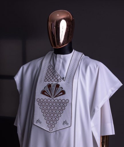 A White, scattered pointed zeros with keke Elemu embroidery details agbada