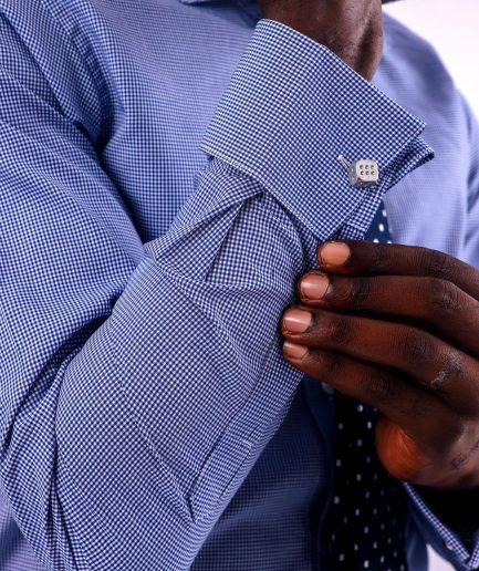 A Linen, Navy blue and white check business shirt.
