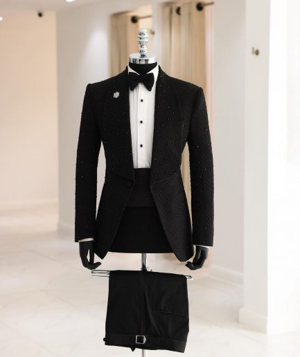A Charcoal Black Square-Patterned Jacquard Shawl Lapel Tuxedo Suit