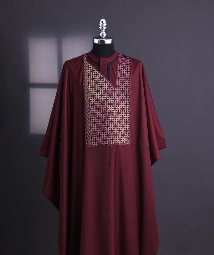 A Burgundy connected Mazeline with keke Elemu embroidery details agbada