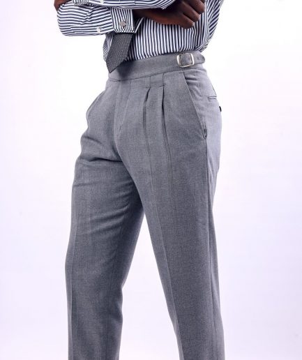 A Light grey, double pleat with side metal adjuster Gurkha pant
