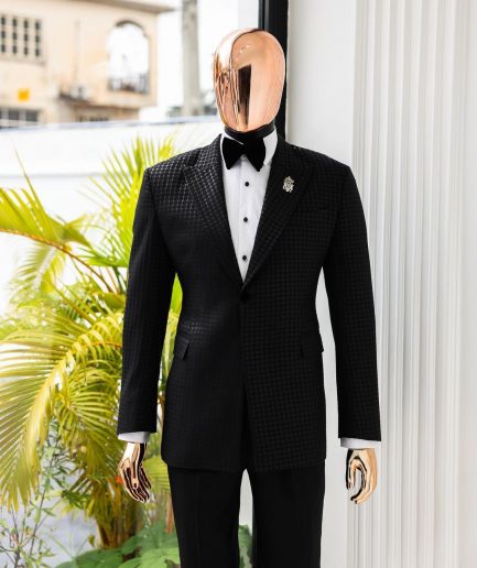 A Charcoal Black, stuffed/slanted Square Patterned jacquard peak lapel tuxedo suit