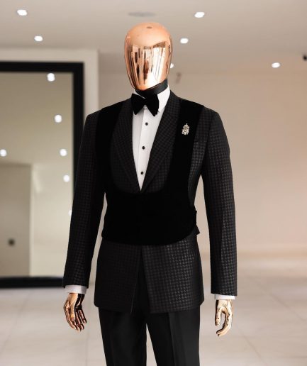 A Charcoal Black, stuffed/slanted Square Patterned jacquard peak lapel tuxedo suit