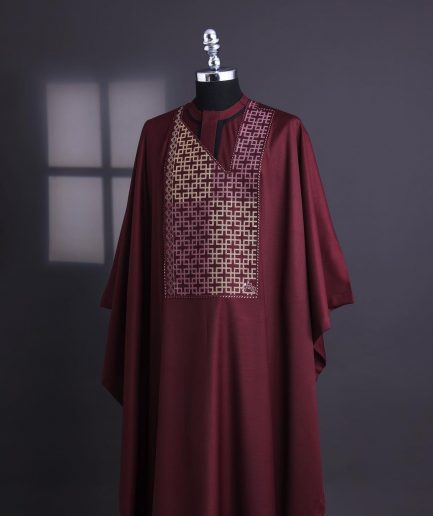 A Burgundy connected Mazeline with keke Elemu embroidery details agbada