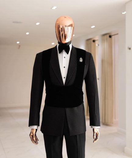A Charcoal Black, stuffed/slanted Square Patterned jacquard peak lapel tuxedo suit