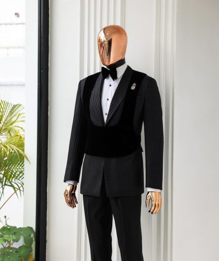 A Charcoal Black, stuffed/slanted Square Patterned jacquard peak lapel tuxedo suit