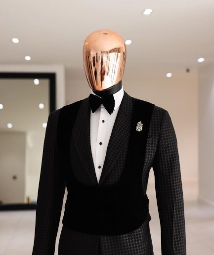 A Charcoal Black, stuffed/slanted Square Patterned jacquard peak lapel tuxedo suit