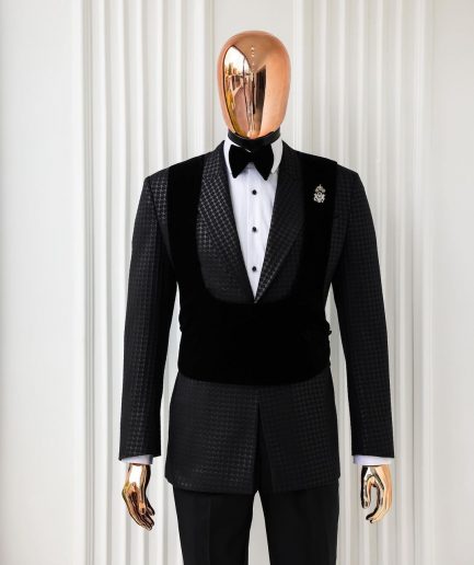 A Charcoal Black, stuffed/slanted Square Patterned jacquard peak lapel tuxedo suit