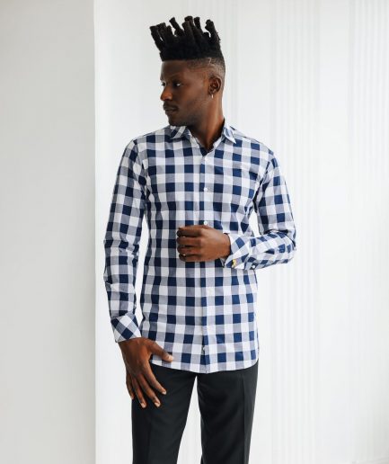 A White, navy & sky blue checkerboard English spread collar business shirt.