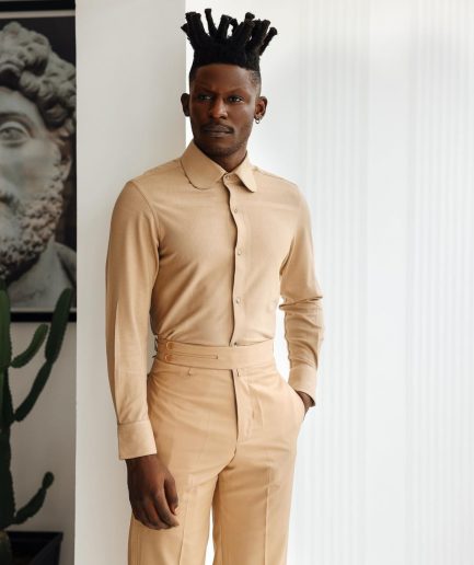 A Light Brown, Club Collar, Elastic Casual Shirt.