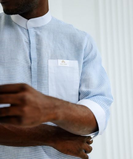 An Egyptian Cotton Linen, front flap, white and blue pencil stripe casual shirt.