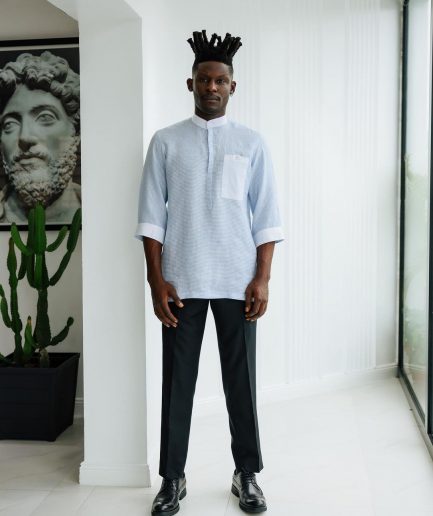 An Egyptian Cotton Linen, front flap, white and blue pencil stripe casual shirt.