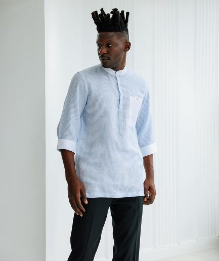 An Egyptian Cotton Linen, front flap, white and blue pencil stripe casual shirt.