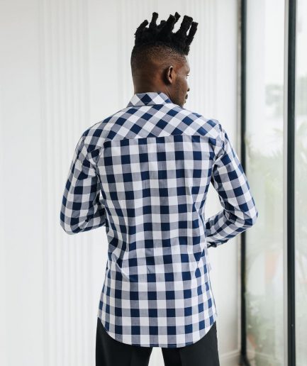 A White, navy & sky blue checkerboard English spread collar business shirt.