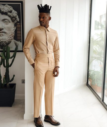 A Light Brown, Club Collar, Elastic Casual Shirt.