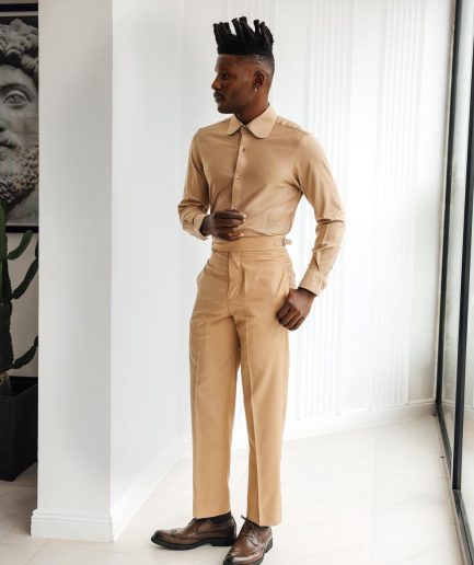 A Light Brown, Club Collar, Elastic Casual Shirt.