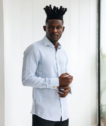 A White & Sky Blue Pencil Stripe Linen Casual Shirt.