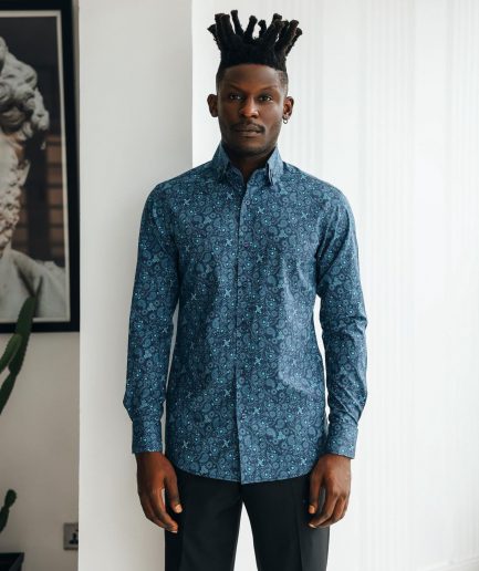 A Blue, print, high neck with turn-up collar casual shirt.