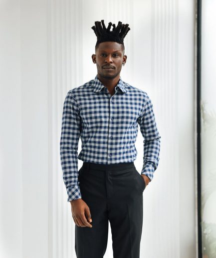 A Grey, navy blue, and herringbone blue checkerboard high & slant collar business shirt.