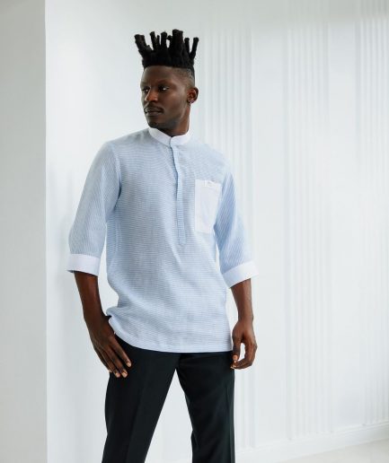 An Egyptian Cotton Linen, front flap, white and blue pencil stripe casual shirt.
