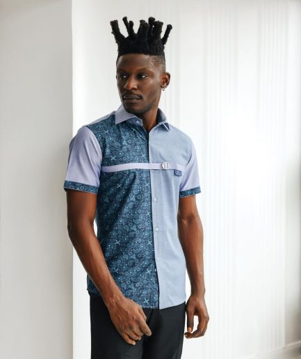 A Short sleeve, prints & plain with metal strap overlay casual shirt.