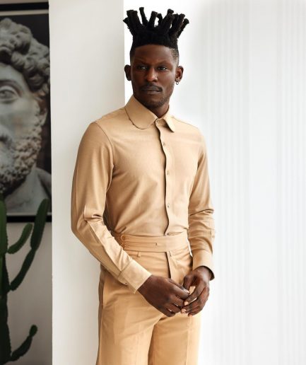A Light Brown, Club Collar, Elastic Casual Shirt.