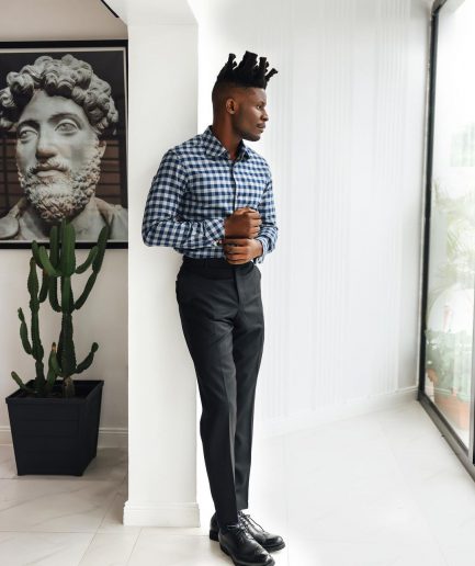 A Grey, navy blue, and herringbone blue checkerboard high & slant collar business shirt.