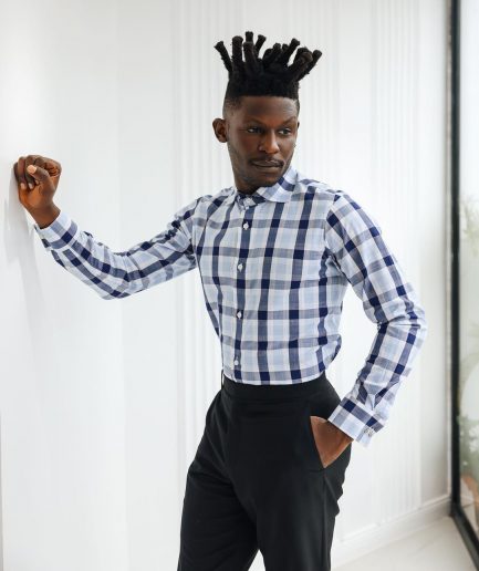 A White, navy & sky blue windowpane check English spread collar shirt.