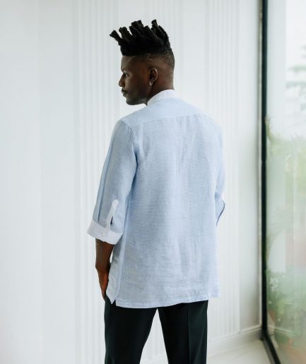 An Egyptian Cotton Linen, front flap, white and blue pencil stripe casual shirt.