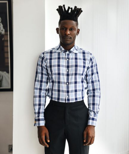 A White, navy & sky blue windowpane check English spread collar shirt.