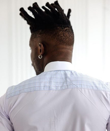 A Short sleeve, boxed layered lilac and white, check casual shirt.