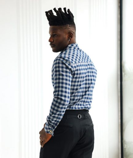 A Grey, navy blue, and herringbone blue checkerboard high & slant collar business shirt.
