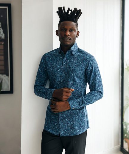 A Blue, print, high neck with turn-up collar casual shirt.