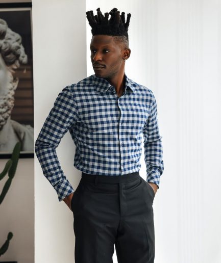 A Grey, navy blue, and herringbone blue checkerboard high & slant collar business shirt.