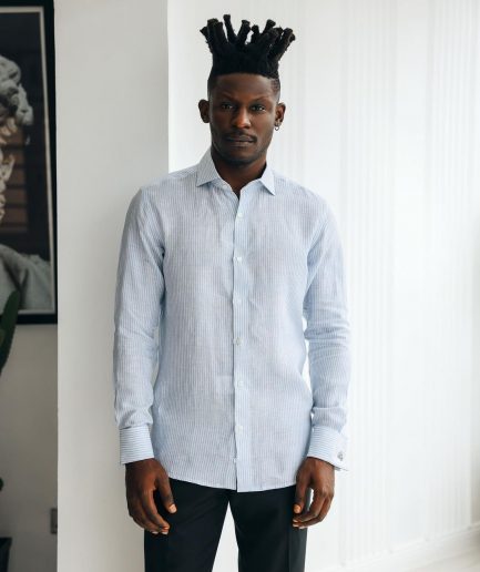 A White & Sky Blue Pencil Stripe Linen Casual Shirt.