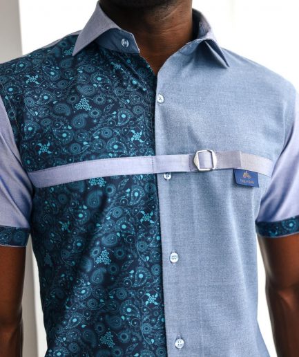 A Short sleeve, prints & plain with metal strap overlay casual shirt.